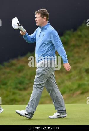 18 juil. 2019 ; Portrush, Robert MacIntyre sur le 18e green lors de la première manche du tournoi de golf Open Championship au Royal Portrush Golf Club - Dunluce course. Banque D'Images