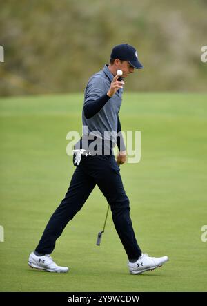 19 juillet 2019, Jordan Spieth lors de la deuxième manche du tournoi de golf Open Championship au Royal Portrush Golf Club - Dunluce course. Comté d'Antrim, Irlande du Nord. Banque D'Images