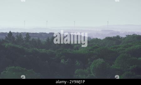 Vue Arial pendant le lever du soleil sur les collines du paysage national néerlandais 'Posbank' avec la pollution de l'horizon dans la distance due aux moulins à vent Banque D'Images