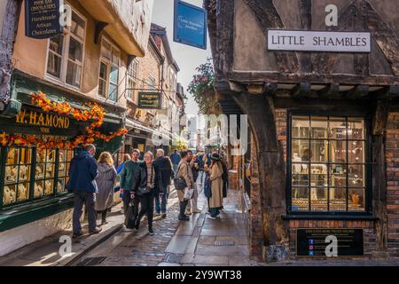 Les amateurs de shopping et les touristes négocient les rues étroites et les ruelles de la ville aciente de York, Yorkshire, Angleterre. Banque D'Images