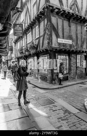 Les amateurs de shopping et les touristes négocient les rues étroites et les ruelles de la ville aciente de York, Yorkshire, Angleterre. Banque D'Images