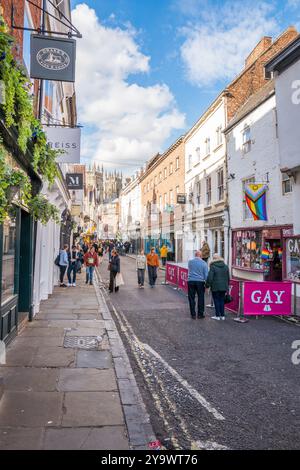 Les amateurs de shopping et les touristes négocient les rues étroites et les ruelles de la ville aciente de York, Yorkshire, Angleterre. Banque D'Images