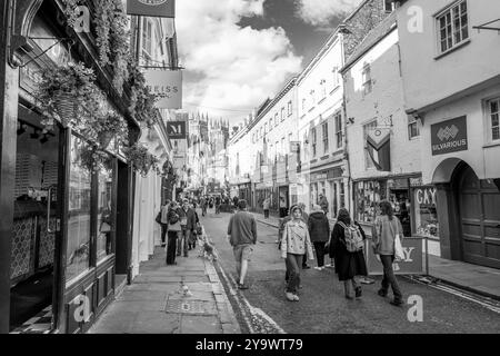 Les amateurs de shopping et les touristes négocient les rues étroites et les ruelles de la ville aciente de York, Yorkshire, Angleterre. Banque D'Images