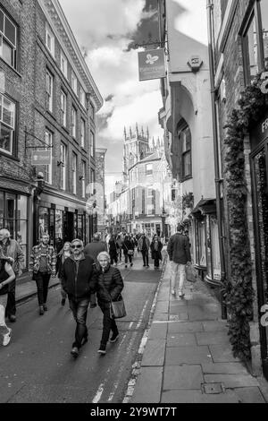 Les amateurs de shopping et les touristes négocient les rues étroites et les ruelles de la ville aciente de York, Yorkshire, Angleterre. Banque D'Images