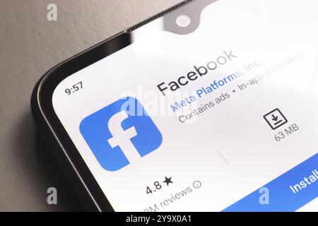 11 octobre 2024, Brésil. Dans cette illustration photo, le logo de l'application Facebook est affiché sur l'écran d'un smartphone Banque D'Images