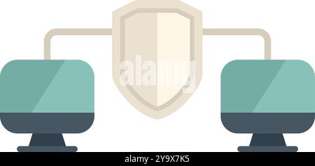 Système de sécurité réseau protégeant le transfert de données entre deux ordinateurs avec une icône de bouclier, deux ordinateurs de bureau reliés entre eux. Présentant une connexion sécurisée avec une icône de bouclier proéminente Illustration de Vecteur