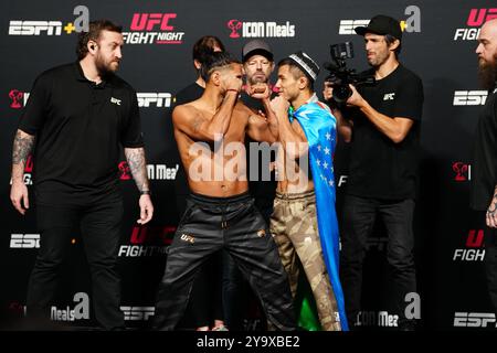 11 octobre 2024, Las Vegas, NV, Las Vegas, NV, États-Unis : affrontement après les pesées officielles à l'UFC Apex pour UFC Fight Night - Royval vs Taira - pesées officielles le 11 octobre 2024 à Las Vegas, NV, États-Unis. (Photo de Louis Grasse/PxImages) (crédit image : © Louis Grasse/PX Imagens via ZUMA Press Wire) USAGE ÉDITORIAL SEULEMENT! Non destiné à UN USAGE commercial ! Crédit : ZUMA Press, Inc/Alamy Live News Banque D'Images