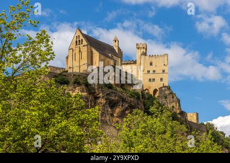 France, Dordogne, Périgord Noir, Vallée de la Dordogne, Beynac-et-Cazenac, labellisés les plus beaux villages de France, l'église notre-Dame-de-l'Assomption à Beynac et le château du XIIe siècle Banque D'Images