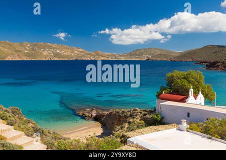 Grèce, Cyclades, île de Mykonos, plage d'Agios Sostis Banque D'Images