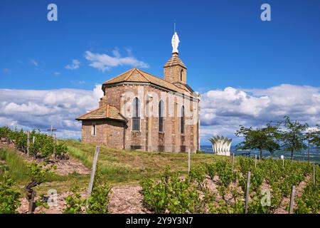 France, Rhône, Beaujolais, fleurie, la Chapelle de la Madone surplombant le village et le vignoble de l'appellation AOC fleurie Banque D'Images