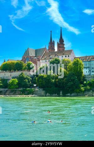 Suisse, Bâle, rive gauche du Rhin, baignade dans la rivière, cathédrale protestante (Munster) Banque D'Images