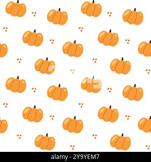 modèle sans couture de citrouilles orange stylisées avec des tiges marron et de petits points sur un fond blanc Illustration de Vecteur