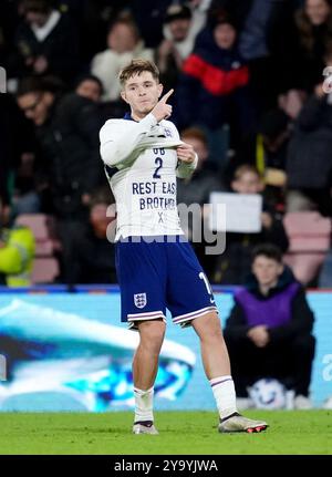 L'anglais James McAtee célèbre avoir marqué le premier but de son équipe lors du match du groupe F qualificatif pour le championnat UEFA Euro U21 au Vitality Stadium de Bournemouth. Date de la photo : vendredi 11 octobre 2024. Banque D'Images