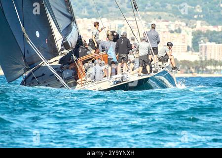 2024 America's Cup - Barcelone, J-Class Race : jour de courses pour les reines de la mer et ils ont besoin de s'entraîner avant le départ et de vérifier que tout va bien, Stern vue de SVEA JS-1 CRÉDIT PHOTO : © Alexander Panzeri/PPL Banque D'Images