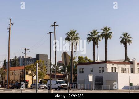 Bakersfield, Californie, États-Unis - 24 novembre 2023 : le soleil de l'après-midi brille sur le noyau urbain historique du centre-ville de Bakersfield. Banque D'Images