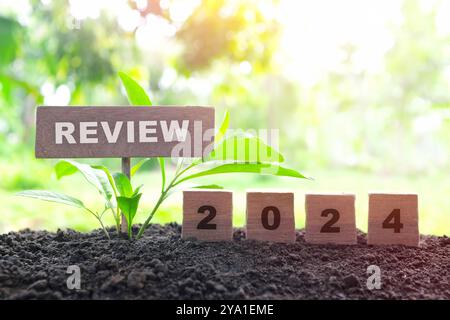 Examen de fin d'année 2024 et concept de résumé. Blocs en bois dans le coucher du soleil sombre sur fond naturel. Banque D'Images