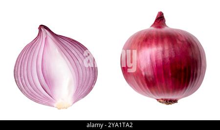 Vue de dessus ensemble de grande ampoule d'oignon rouge ou violet avec la moitié est isolé sur fond blanc avec chemin de détourage. Banque D'Images