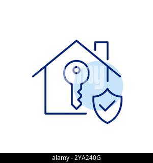 Maison, clé et bouclier de sécurité avec coche. Vie sûre, entrée vérifiée. Pixel Perfect, icône de vecteur de contour modifiable Illustration de Vecteur
