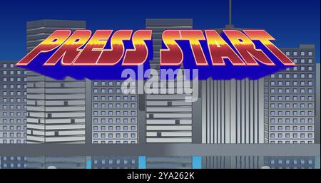 Image numérique d'un panneau Press Start zoomant sur l'écran tout en clignotant et un fond de bâtiments gris avec un ciel bleu Banque D'Images