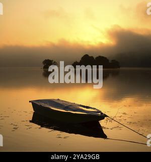 Lever de soleil sur l'Edersee avec brume matinale sur l'eau, petites îles dans le barrage d'Eder, bateau de pêche amarré sur le rivage, Ederstausee, Hesse, Allemagne, E Banque D'Images