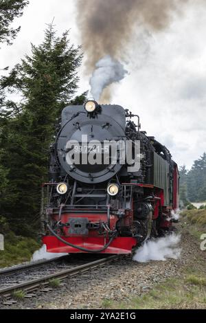 Gros plan d'une locomotive à vapeur noire en service sur rails, Harz Mountains, Brocken, basse-Saxe Banque D'Images