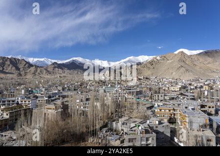 Leh, Inde, 02 avril 2023 : Voir la ville avec Leh Palace et avec des montagnes enneigées en arrière-plan, Asie Banque D'Images