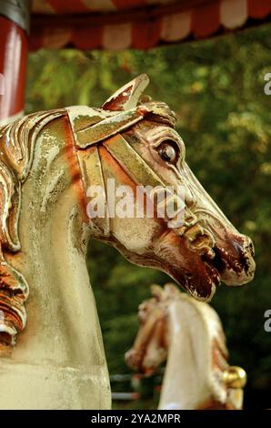 Grungy chevaux sur une ancienne Merry-Go-Round Ride Banque D'Images