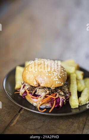 Hamburger de porc effiloché et de coleslaw avec frites épaisses Banque D'Images