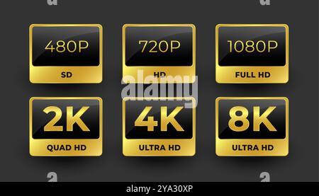 résolution vidéo 480p, 720p, 1080p, 2k, 4k et 8k vecteur d'icône de tag ultra hd Illustration de Vecteur