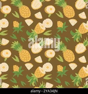 Motif de fruits abstraits lumineux d'été dessiné à la main avec des parties de plante d'ananas et tranché. Modèle sans couture pour textile, papier d'emballage, affiches. Textures de mode. Illustration de Vecteur