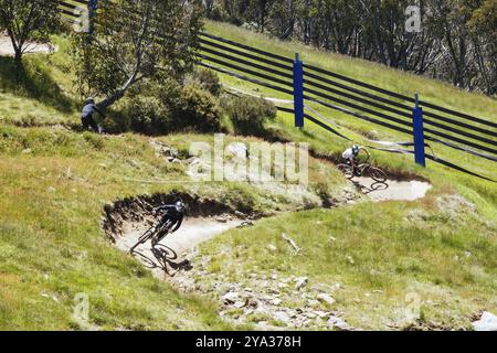 THREDBO, AUSTRALIE, 15 DÉCEMBRE 2023 : les VTT descendent Thredbo par une chaude journée d'été dans les Snowy Mountains, Nouvelle-Galles du Sud, Australie, Banque D'Images