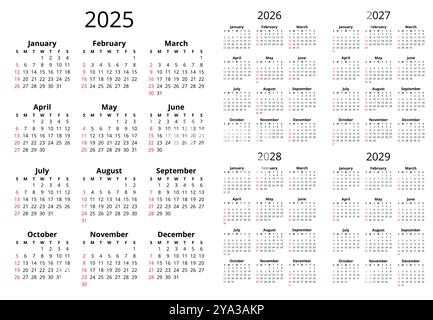 2025, 2026, 2027, 2028, 2029 ans calendriers anglais avec 12 mois. Illustration vectorielle imprimable simple Illustration de Vecteur