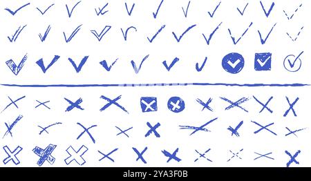 Ensemble de coches et de croix pour liste de tâches ou vote. Eléments vectoriels pour répondre par oui ou non aux questions de test. Crayon anthracite bleu correct ou incorrect Illustration de Vecteur