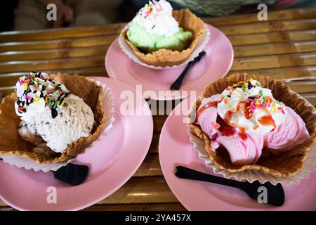 Crème glacée de variété dans des cônes de gaufre sucrés avec crème fouettée sirop de fraise et bonbons de garniture de chocolat sur une assiette de plat en céramique au café-restaurant et Banque D'Images