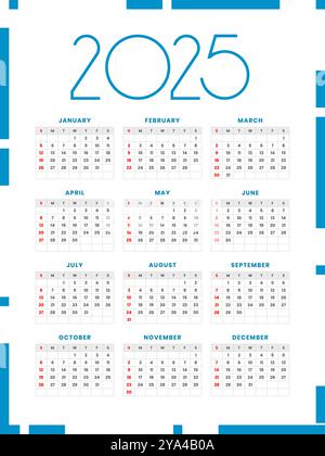 modèle de calendrier annuel simple 2024 en vecteur de couleur blanc et bleu Illustration de Vecteur