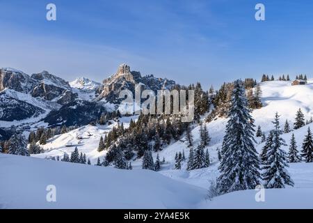 Paysage d'hiver dans les Dolomites avec la montagne Sassongher au loin. Des contrastes époustouflants entre collines enneigées et lumière du soir créent un cadre magique Banque D'Images