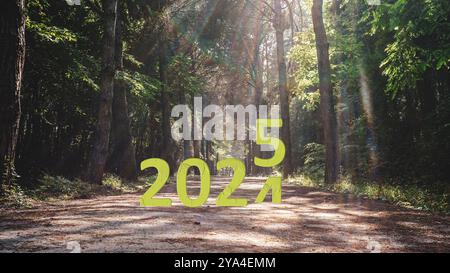 Bonne année 2025 anniversaire à venir. Transition de 2024 au concept de nouvelle année avec le texte de 2024 sur la route forestière. Banque D'Images