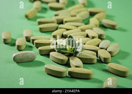 Pilules fines herbes et vitamine Green posées librement sur fond vert Banque D'Images