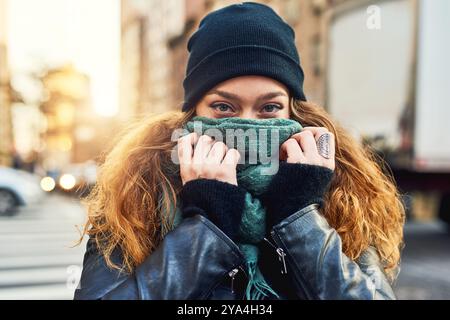 Femme heureuse, cache et écharpe en ville pour le portrait, le voyage et la mode hivernale pour le confort. Fille, chaleur et timide au Brésil pour voyage de vacances, vacances et Banque D'Images