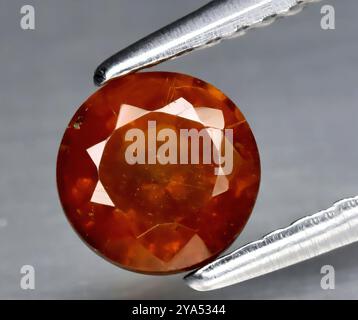 Pierre précieuse grenat naturel orange éclatant à facettes dans une pince à épiler argentée élégante. Banque D'Images