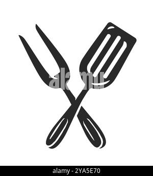 Icône d'outils BBQ ou gril. Fourchette barbecue croisée avec spatule. Emblème ou symbole pour restaurant Illustration de Vecteur