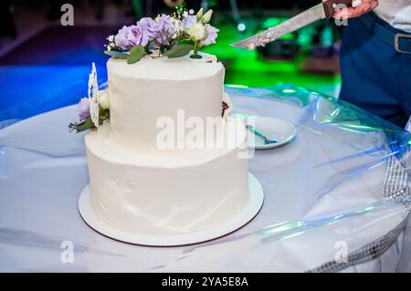 Elégant gâteau de mariage à deux niveaux orné de fleurs fraîches et d'un couteau de coupe. Banque D'Images