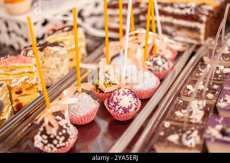 Exposition enchanteresse de desserts colorés avec délices sucrés et accents décoratifs. Banque D'Images