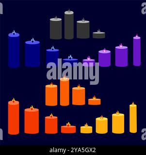 Ensemble de bougies colorées brûlantes de dessin animé sur un fond noir. bougies avec cire fondante, flamme. Illustration vectorielle. EPS10. Illustration de Vecteur