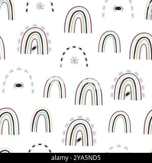 Motif sans couture arc-en-ciel d'Halloween, illustration répétée dessinée à la main simple dans des couleurs pastel à la mode, concept minimaliste parfait pour le textile, décor de célébration, cartes, papier cadeau, papier de papeterie Illustration de Vecteur