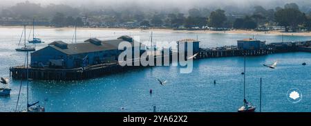 Vue aérienne de la jetée et des voiliers dans la baie de Monterey, Californie Banque D'Images