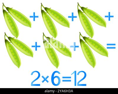 Jeux éducatifs pour les enfants, action de multiplication, exemple avec des gousses de pois. Illustration de Vecteur