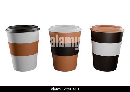 Trois tasses à café de différentes couleurs sur fond blanc isolé. Rendu 3D. Banque D'Images