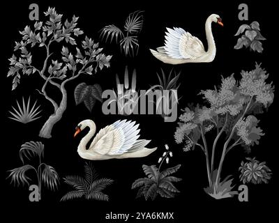 Arbres monochromes, plantes et cygnes isolés. Vecteur. Illustration de Vecteur