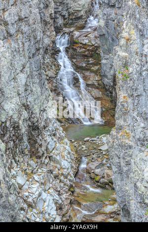 cascade dans une gorge profonde de crique de cottonwood dans les montagnes folles près de clyde park, montana Banque D'Images